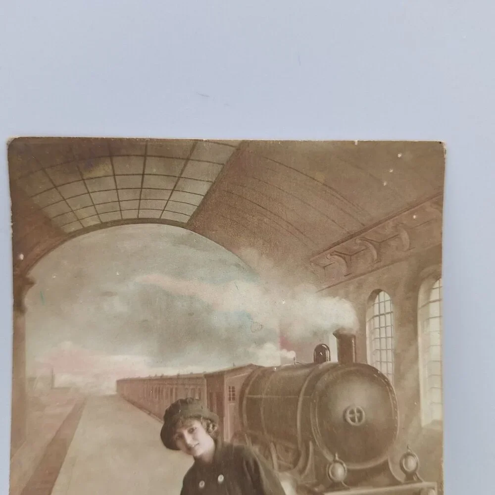Antique Postcard Girl Suitcase Train Station 228/4 Early 1900s Sepia Tint Europe